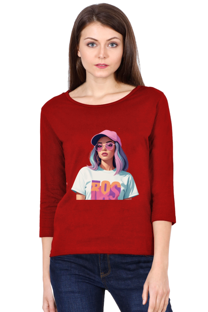 Female Round Neck Full Sleeve T-Shirt with Cool Lady Design