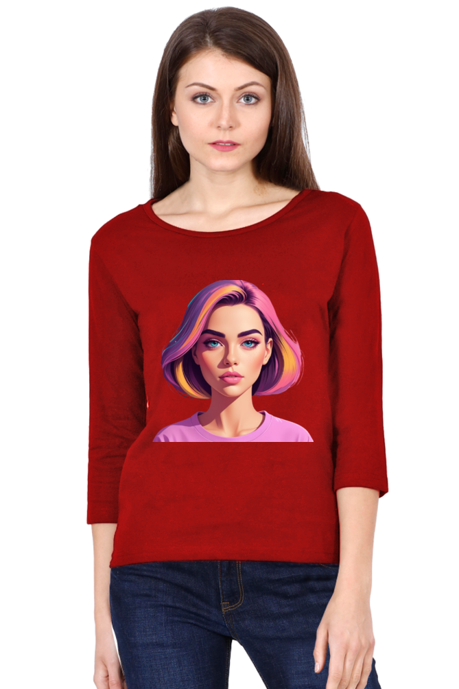 Female Round Neck Full Sleeve T-Shirt with Bold Lady Design