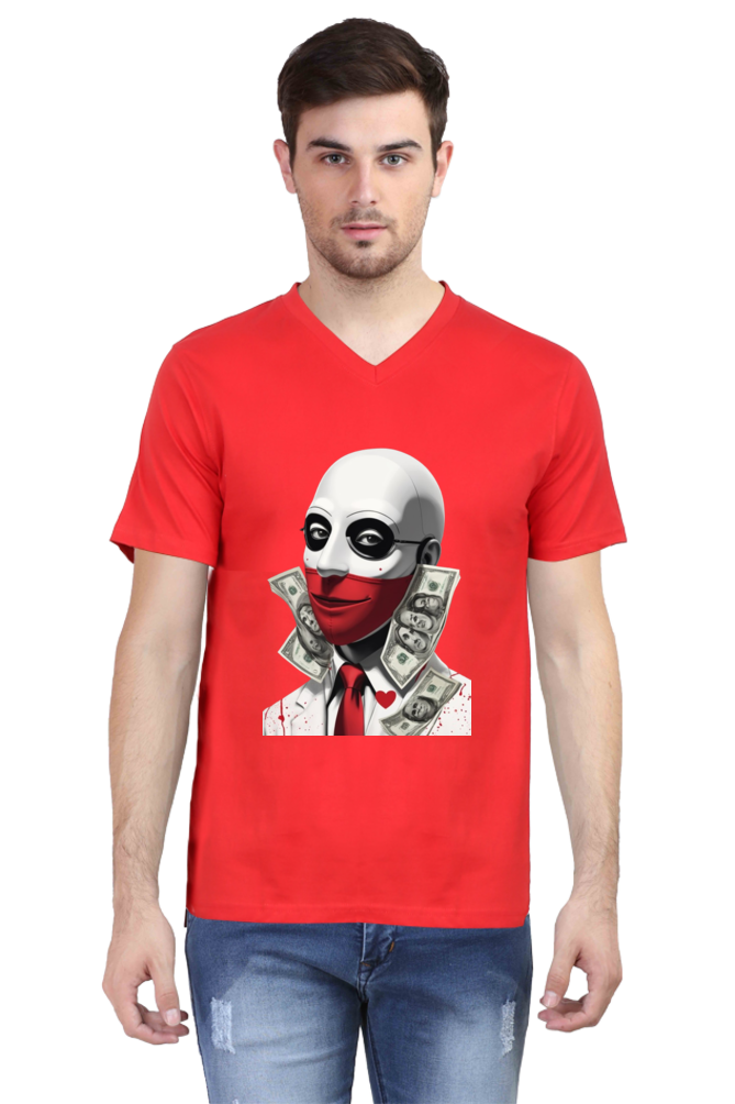 Men's V-Neck Half Sleeve T-Shirt with Money Heist Characters Design