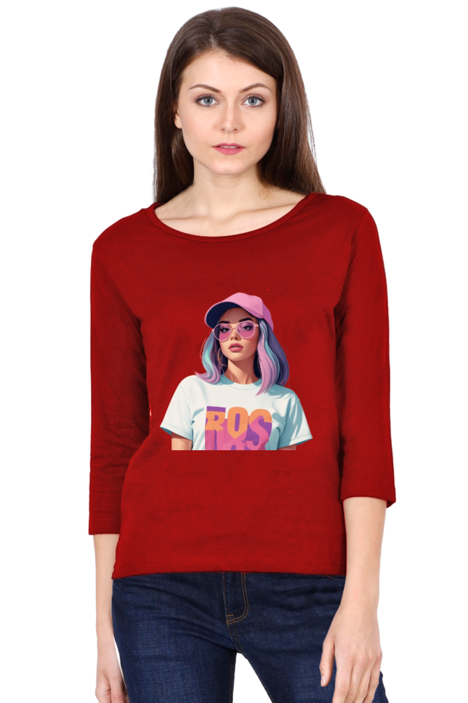 Female Round Neck Full Sleeve T-Shirt with Cool Lady Design