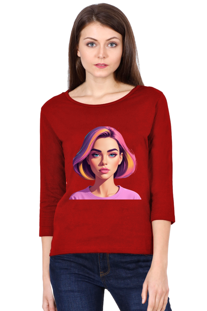 Female Round Neck Full Sleeve T-Shirt with Bold Lady Design