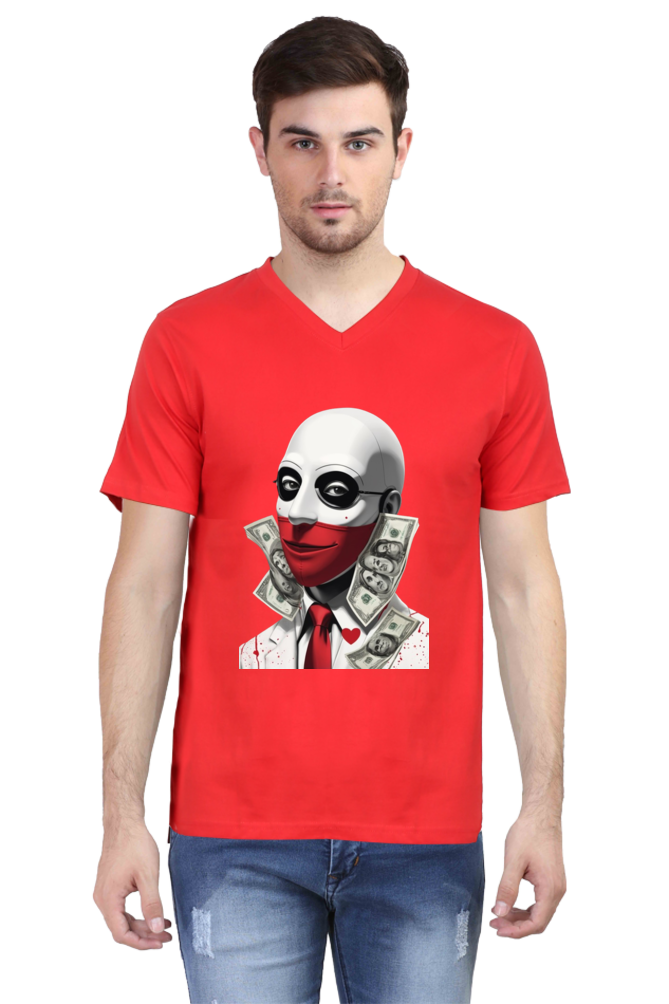 Men's V-Neck Half Sleeve T-Shirt with Money Heist Characters Design