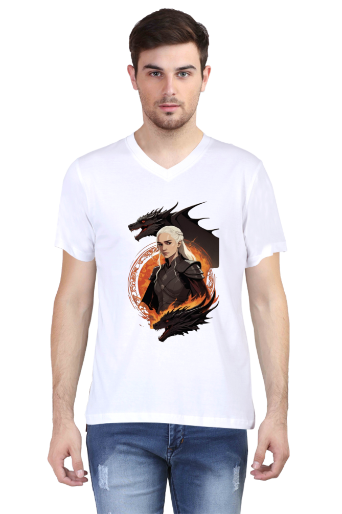 Men's V-Neck Half Sleeve T-Shirt with Game of Thrones Characters Design