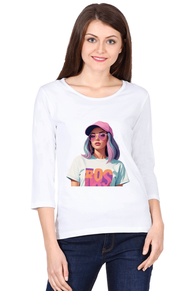 Female Round Neck Full Sleeve T-Shirt with Cool Lady Design