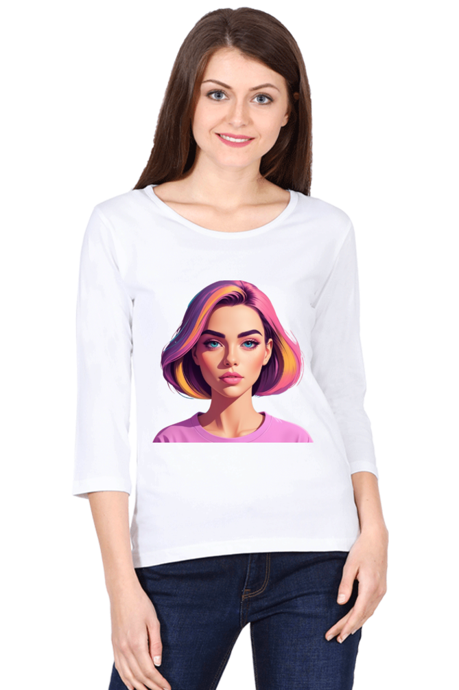 Female Round Neck Full Sleeve T-Shirt with Bold Lady Design