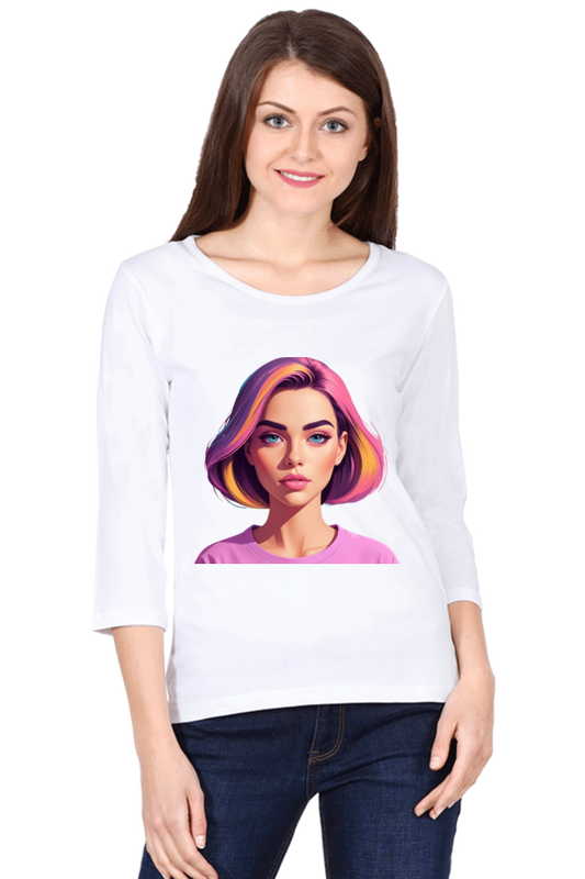 Female Round Neck Full Sleeve T-Shirt with Bold Lady Design