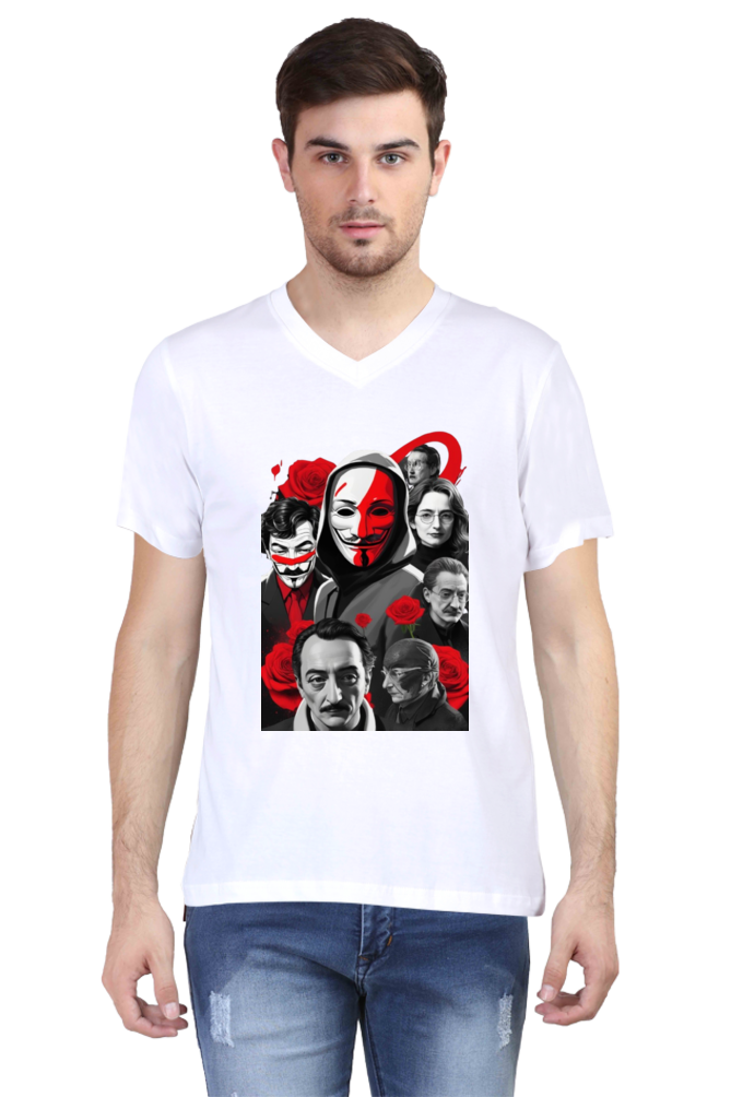 Men's V-Neck Half Sleeve T-Shirt with Money Heist Characters Design