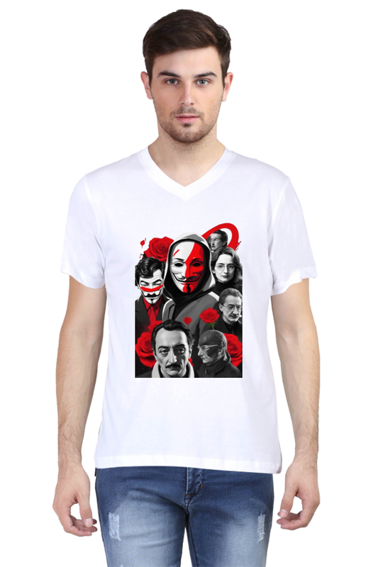 Men's V-Neck Half Sleeve T-Shirt with Money Heist Characters Design