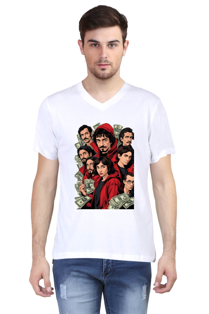 Men's V-Neck Half Sleeve T-Shirt with Money Heist Characters Design