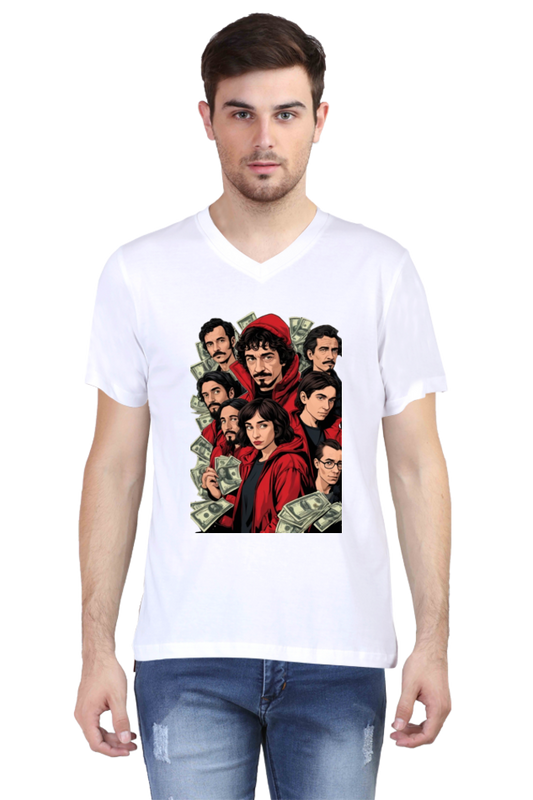 Men's V-Neck Half Sleeve T-Shirt with Money Heist Characters Design