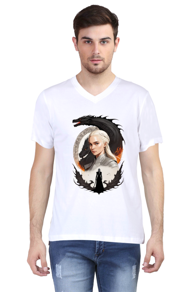 Men's V-Neck Half Sleeve T-Shirt with Game of Thrones Characters Design