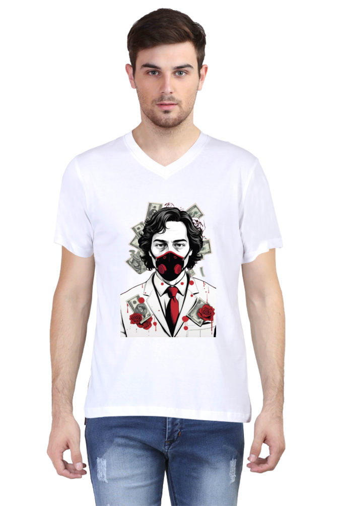 Men's V-Neck Half Sleeve T-Shirt with Money Heist Characters Design