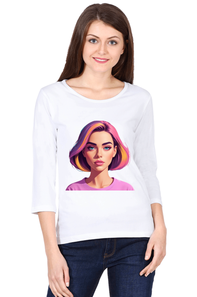 Female Round Neck Full Sleeve T-Shirt with Bold Lady Design