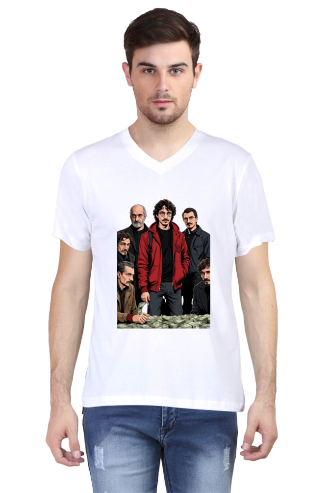 Men's V-Neck Half Sleeve T-Shirt with Money Heist Characters Design