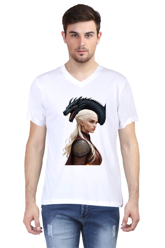 Men's V-Neck Half Sleeve T-Shirt with Game of Thrones Characters Design