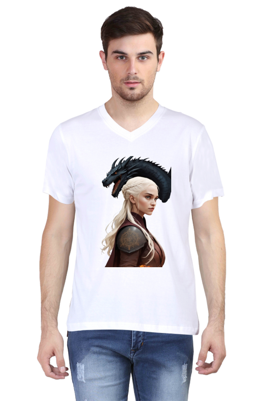 Men's V-Neck Half Sleeve T-Shirt with Game of Thrones Characters Design