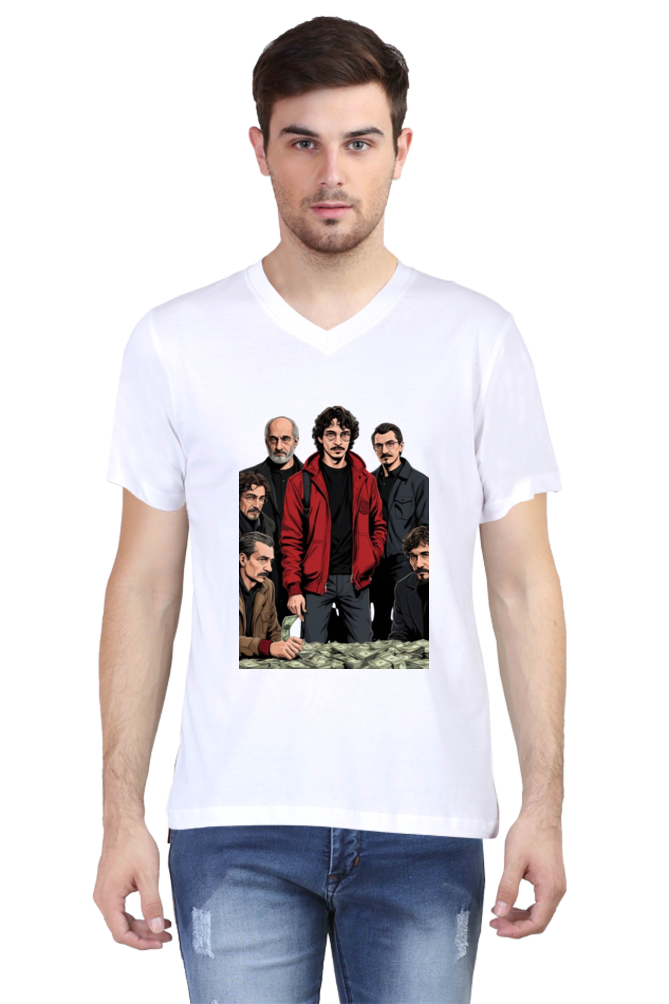 Men's V-Neck Half Sleeve T-Shirt with Money Heist Characters Design