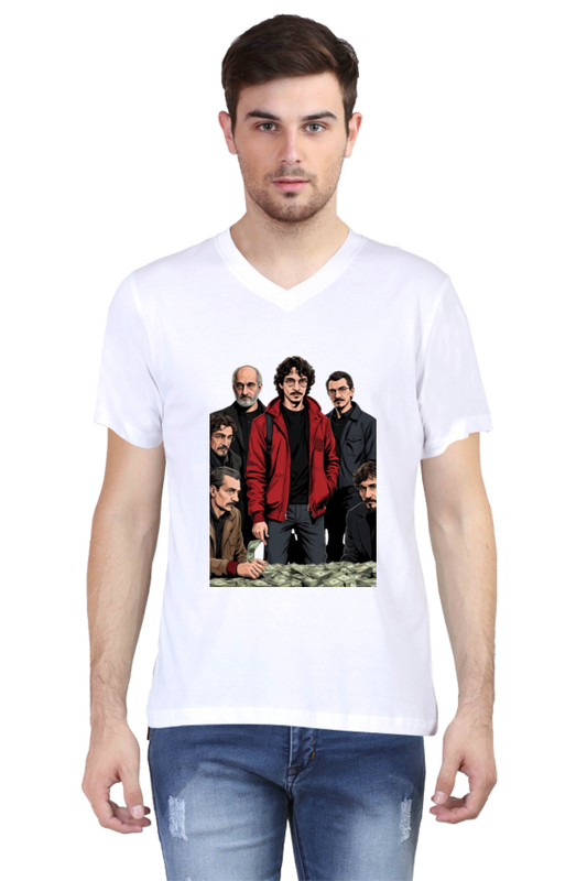 Men's V-Neck Half Sleeve T-Shirt with Money Heist Characters Design