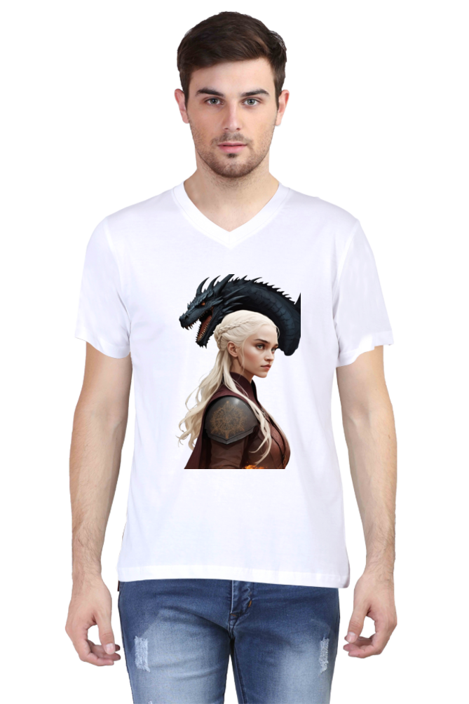 Men's V-Neck Half Sleeve T-Shirt with Game of Thrones Characters Design