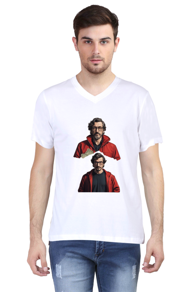 Men's V-Neck Half Sleeve T-Shirt with Money Heist Characters Design