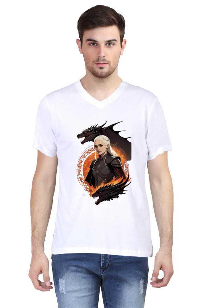 Men's V-Neck Half Sleeve T-Shirt with Game of Thrones Characters Design