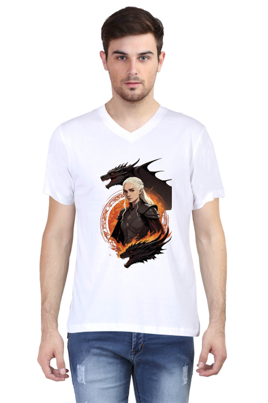 Men's V-Neck Half Sleeve T-Shirt with Game of Thrones Characters Design