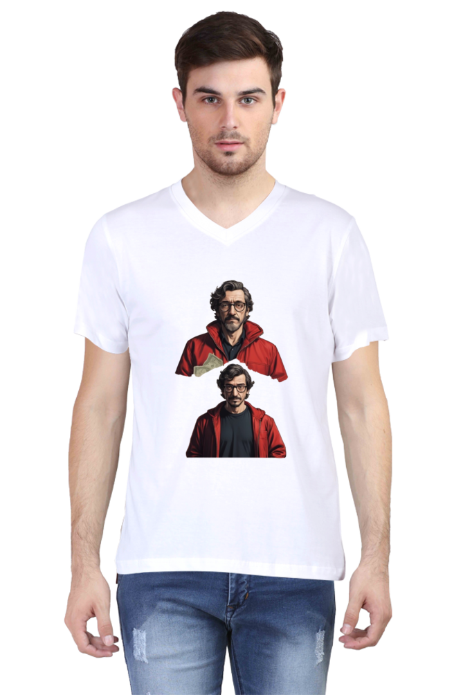 Men's V-Neck Half Sleeve T-Shirt with Money Heist Characters Design