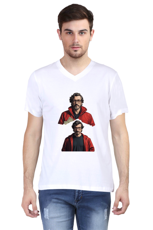 Men's V-Neck Half Sleeve T-Shirt with Money Heist Characters Design