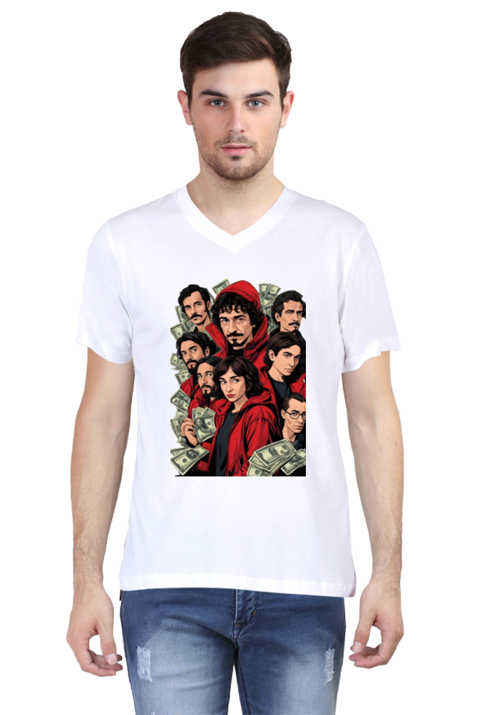 Men's V-Neck Half Sleeve T-Shirt with Money Heist Characters Design