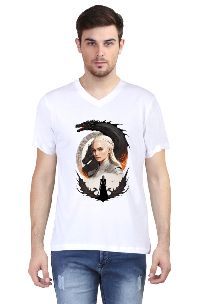 Men's V-Neck Half Sleeve T-Shirt with Game of Thrones Characters Design