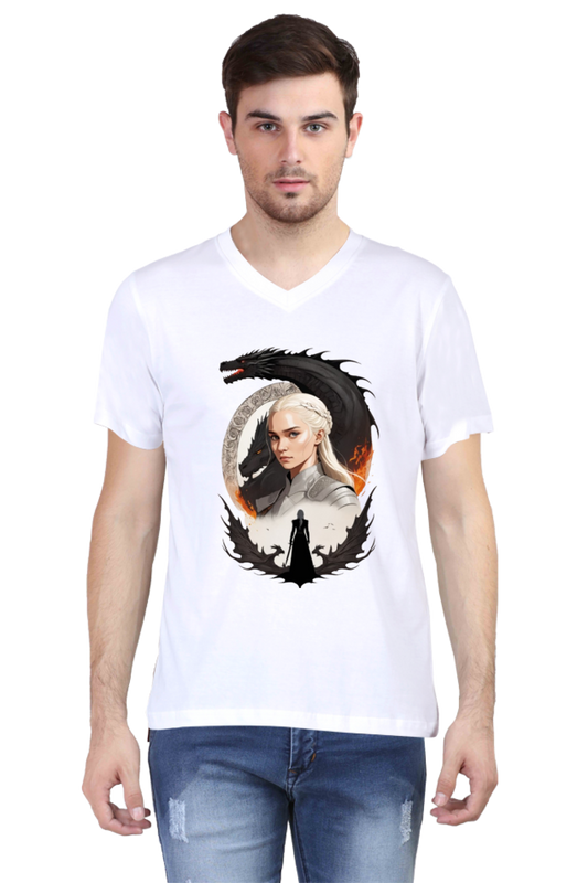 Men's V-Neck Half Sleeve T-Shirt with Game of Thrones Characters Design