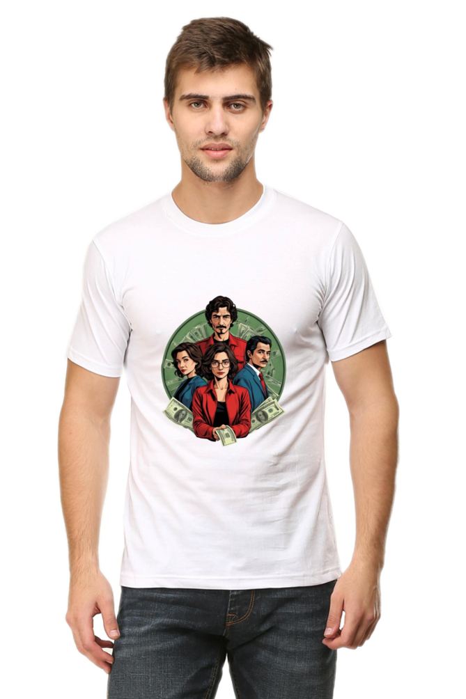 Men's Round Neck Half Sleeve T-Shirt with Money Heist Characters Design