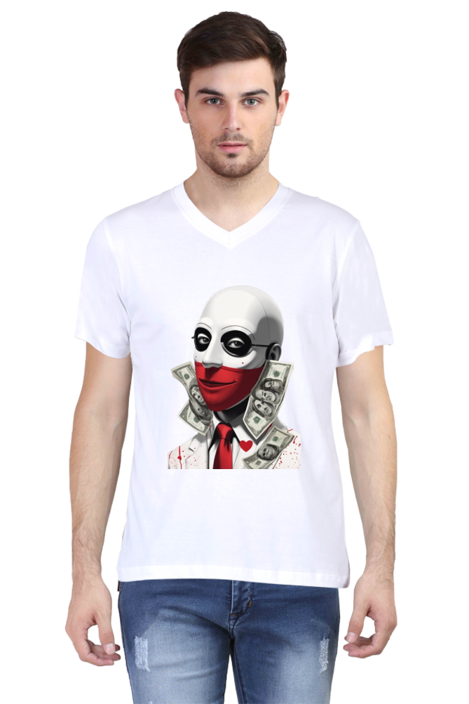 Men's V-Neck Half Sleeve T-Shirt with Money Heist Characters Design