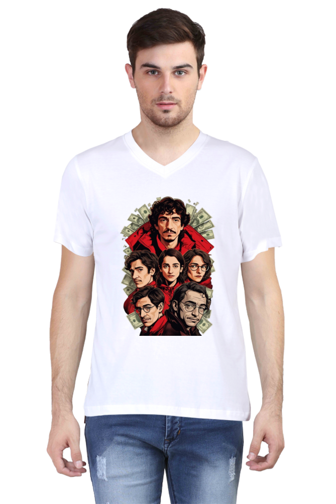 Men's V-Neck Half Sleeve T-Shirt with Money Heist Characters Design