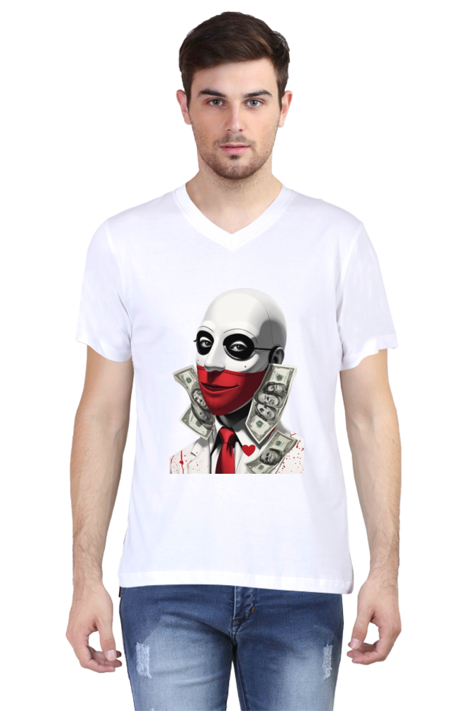 Men's V-Neck Half Sleeve T-Shirt with Money Heist Characters Design