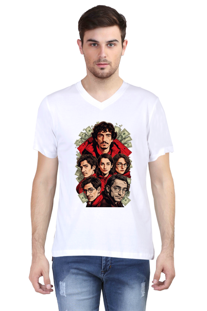 Men's V-Neck Half Sleeve T-Shirt with Money Heist Characters Design