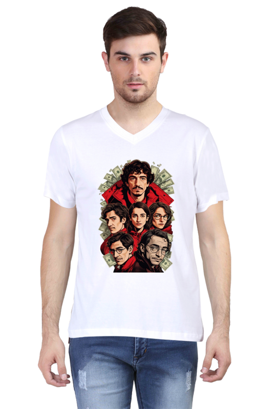 Men's V-Neck Half Sleeve T-Shirt with Money Heist Characters Design