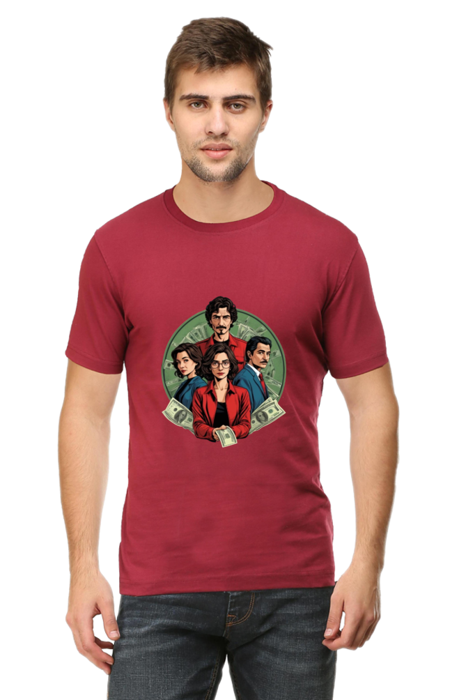 Men's Round Neck Half Sleeve T-Shirt with Money Heist Characters Design