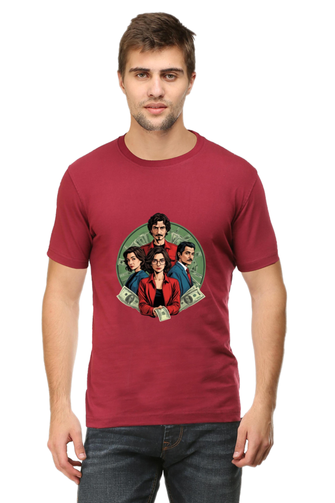 Men's Round Neck Half Sleeve T-Shirt with Money Heist Characters Design