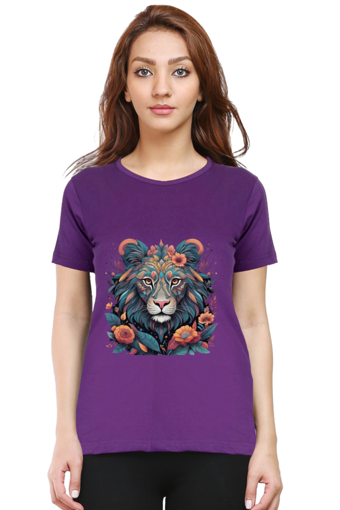 Female Round Neck Half Sleeve Classic T-Shirt with Lioness Tribal Art