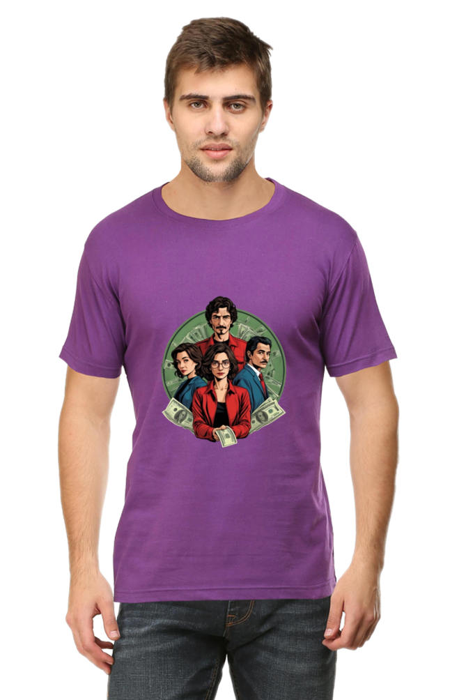 Men's Round Neck Half Sleeve T-Shirt with Money Heist Characters Design