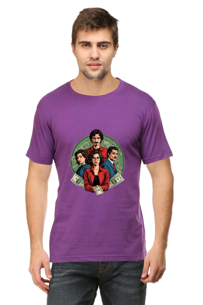 Men's Round Neck Half Sleeve T-Shirt with Money Heist Characters Design