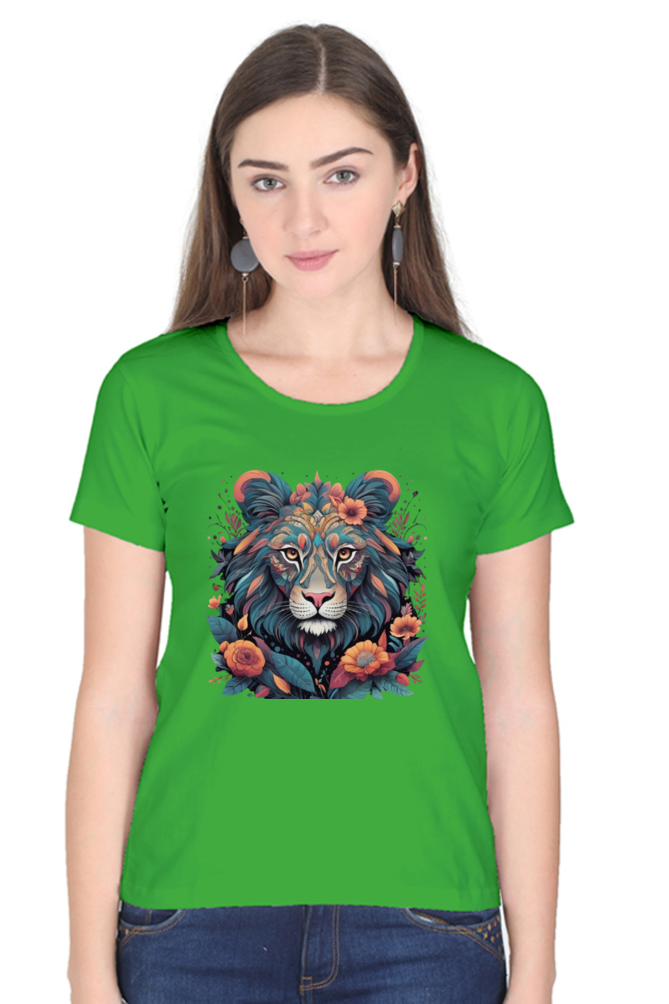 Female Round Neck Half Sleeve Classic T-Shirt with Lioness Tribal Art