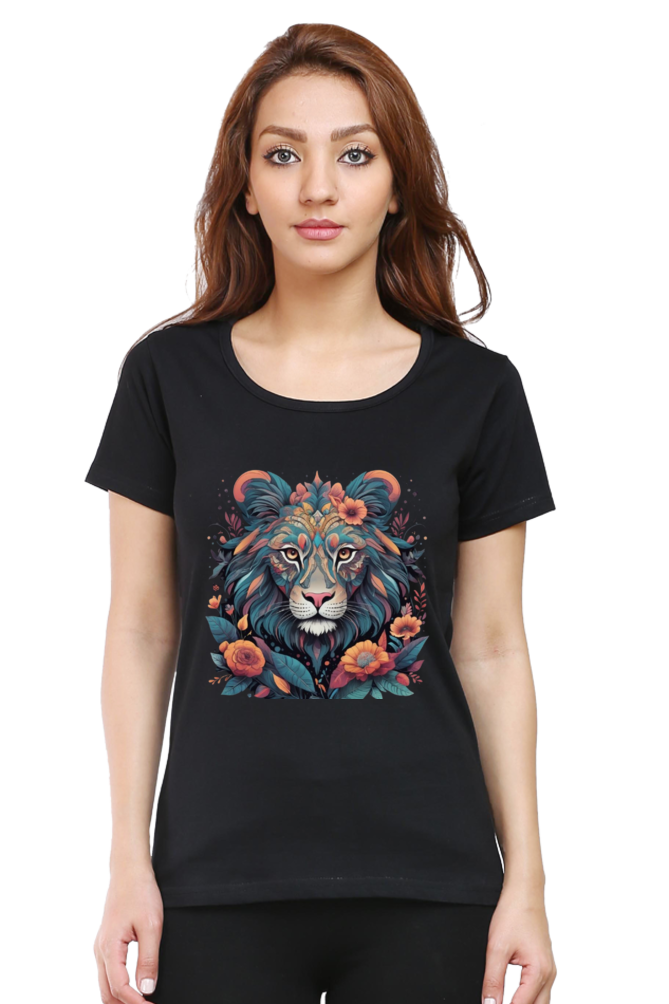 Female Round Neck Half Sleeve Classic T-Shirt with Lioness Tribal Art