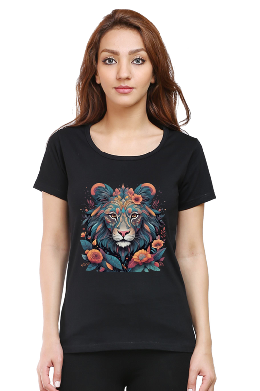 Female Round Neck Half Sleeve Classic T-Shirt with Lioness Tribal Art