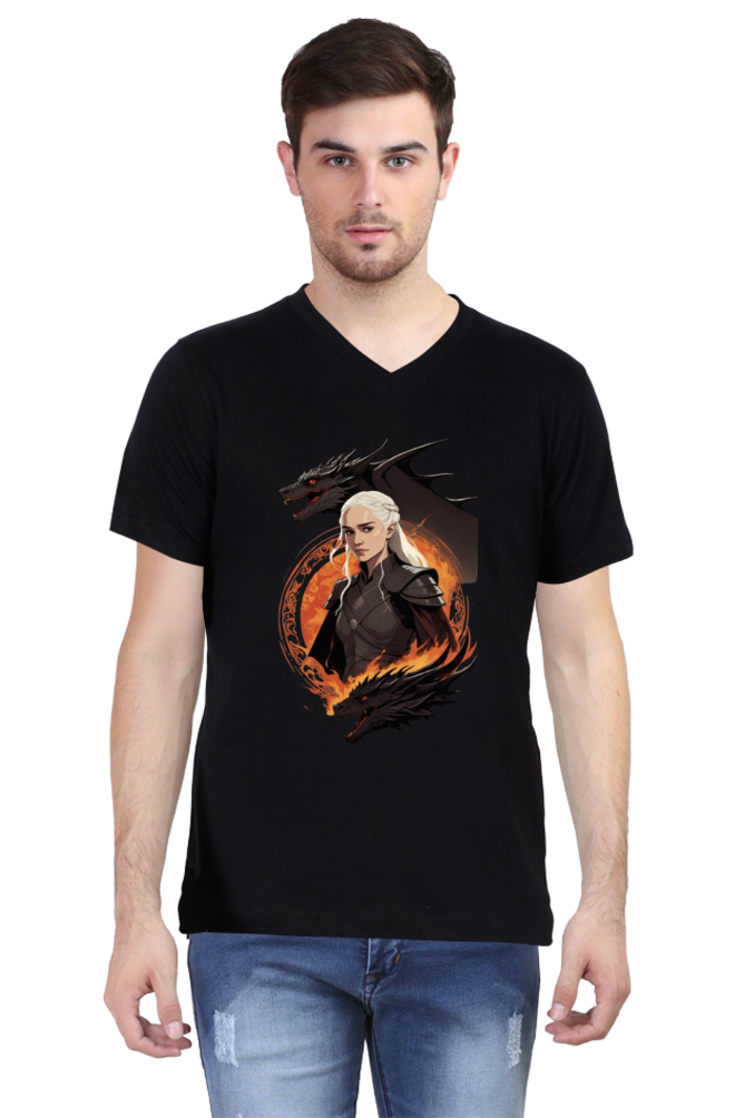 Men's V-Neck Half Sleeve T-Shirt with Game of Thrones Characters Design