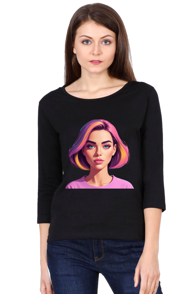 Female Round Neck Full Sleeve T-Shirt with Bold Lady Design