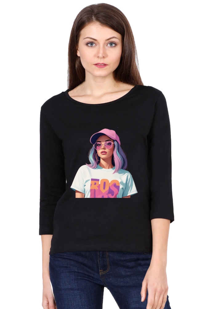 Female Round Neck Full Sleeve T-Shirt with Cool Lady Design