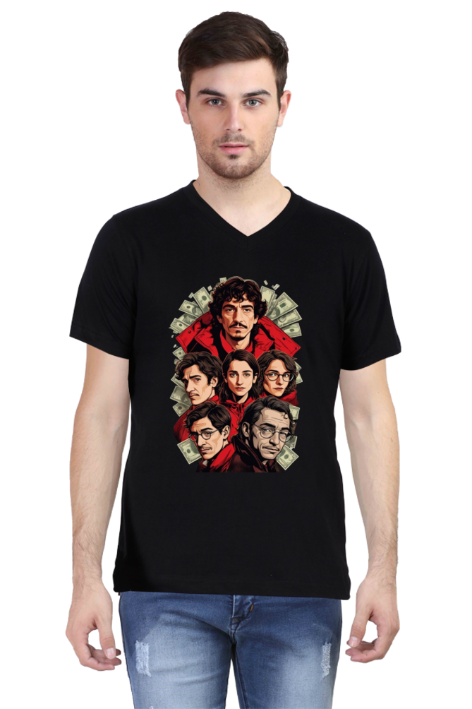 Men's V-Neck Half Sleeve T-Shirt with Money Heist Characters Design