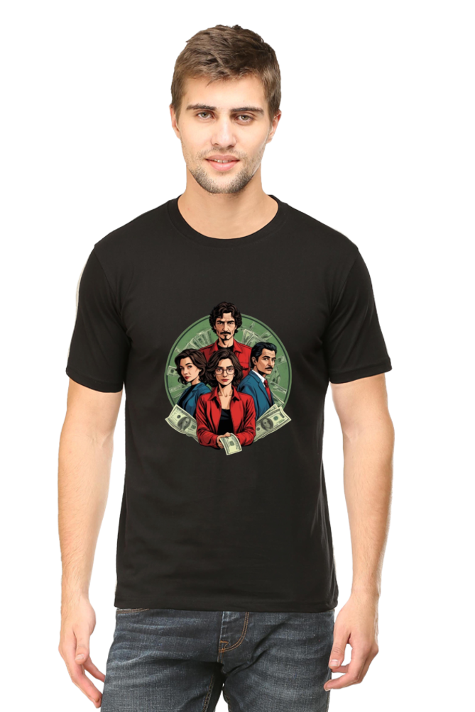 Men's Round Neck Half Sleeve T-Shirt with Money Heist Characters Design